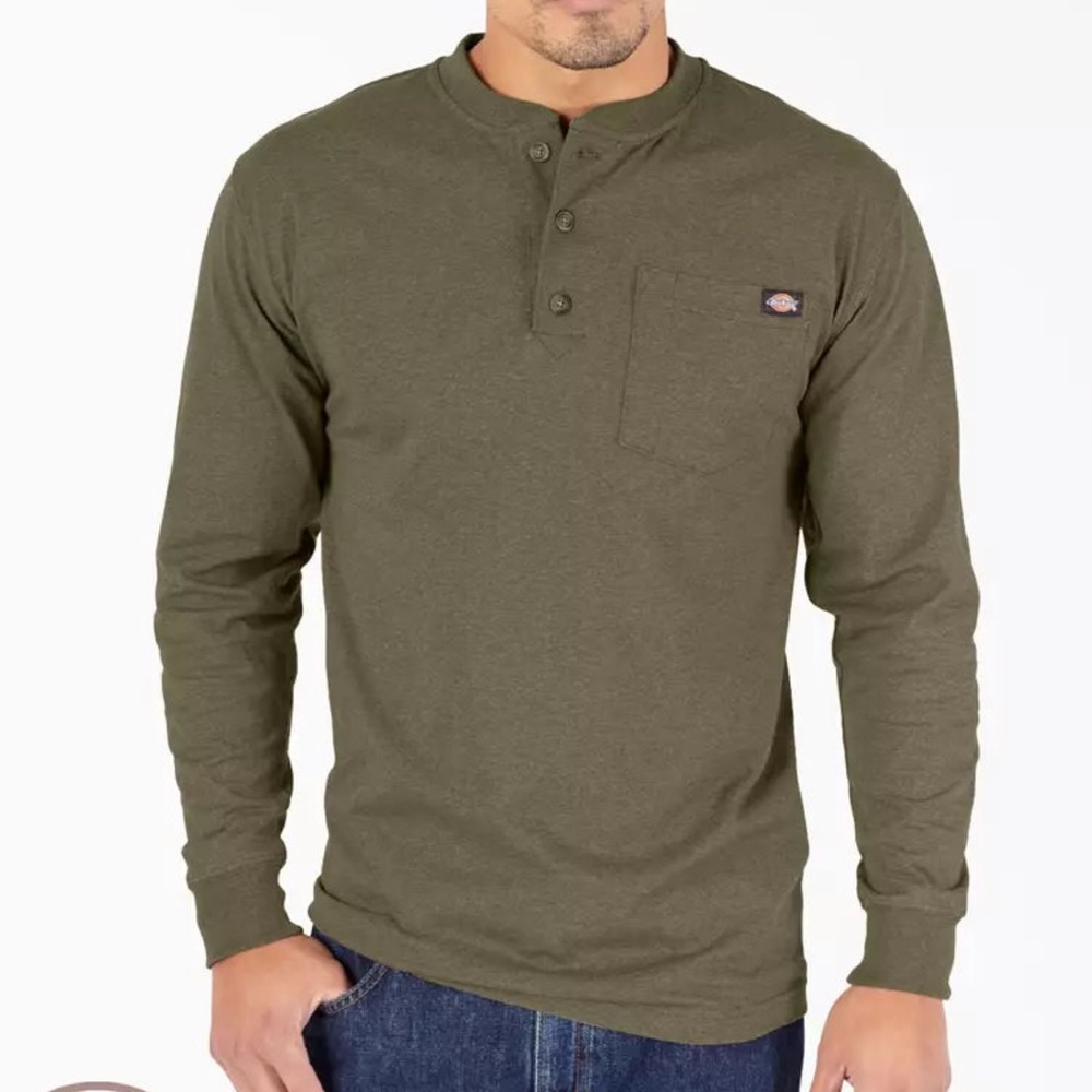 Heavyweight Heathered Long Sleeve Henley T-Shirt, Military Green Heather